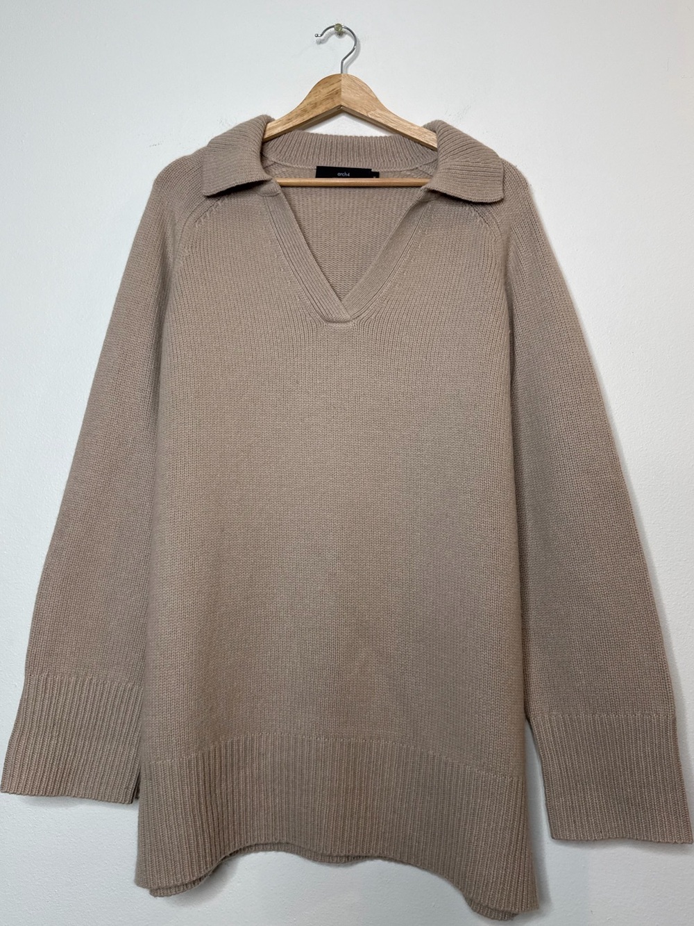 Arch4 100% Cashmere Thick Ply Quiet Luxury tunic collared v-neck sweater beige